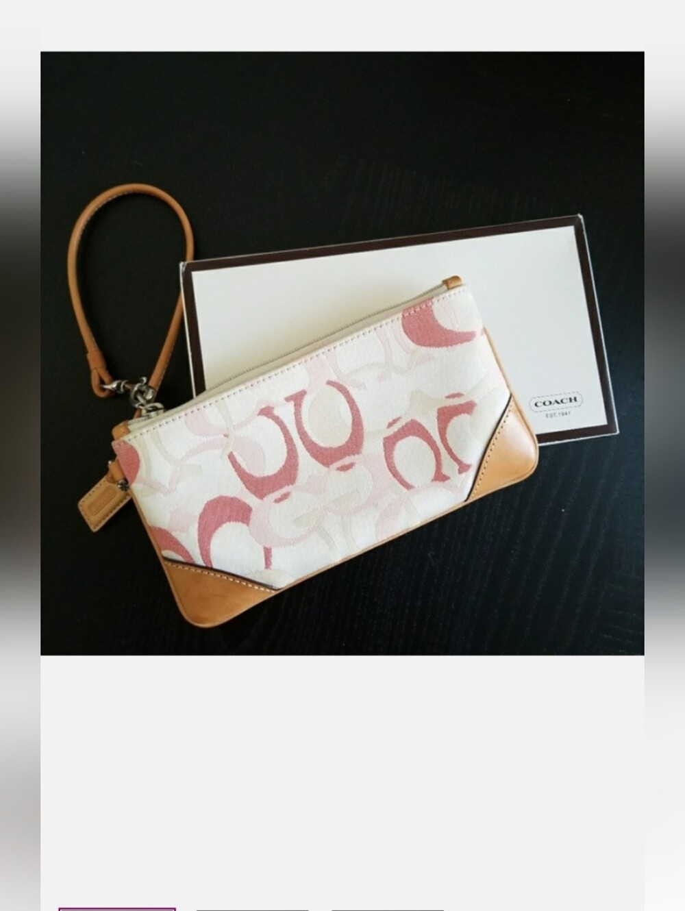 Coach Pink & Cream Signature Wristlet with Tan Strap
